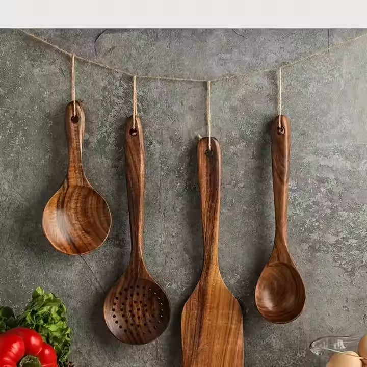 Non Stick Acacia Wooden Spoons Cooking Utensils Set 4 7 Piece Wooden Kitchen Utensils Set